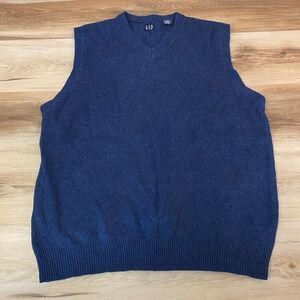 GAP Lambswool Sweater Vest Mens Large Blue V-Neck Knit Sleeveless Pullover Large